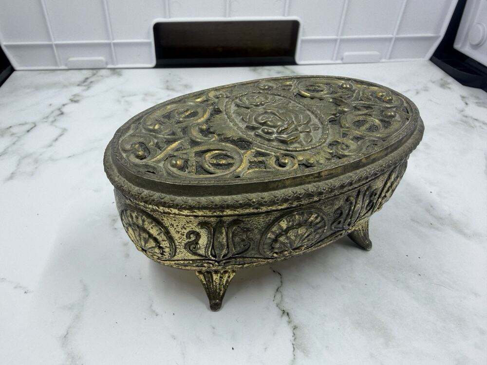 Vintage Ornate Footed Metal Jewelry Casket - Oval Trinket Box Lining From Japan